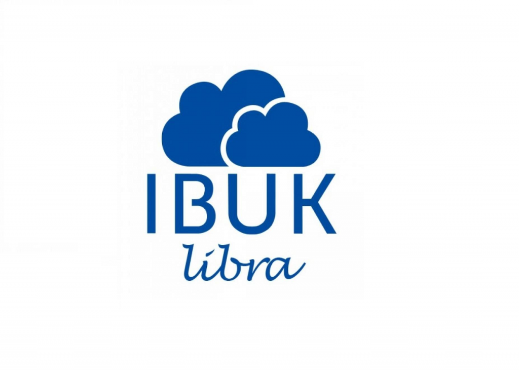 Logo Ibuk libra przedstawia na białym tle dwie niebieskie chmury i stylizowany napis IBUK libra