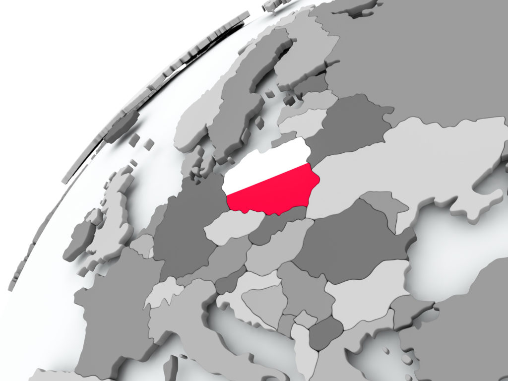 Ilustracja Polski w barwach narodowych na mapie Europy