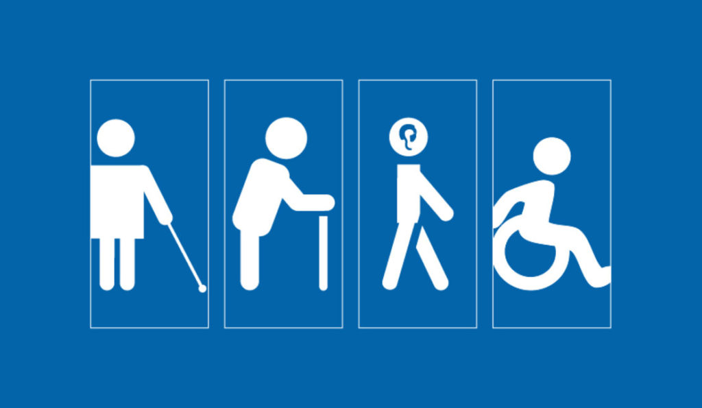 Grafika z białymi ikonami osób z niepełnosprawnościami na niebieskim tle.