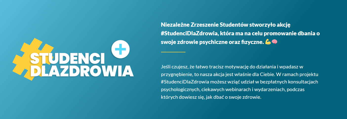 Niebiesko zielony baner z logo inicjatywy "Studenci dla Zdrowia" i tekstem objasniającym