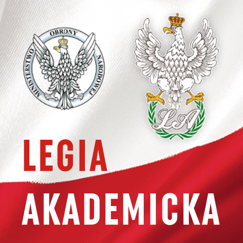 Flaga Polski z godłem Ministerstwa Obrony Narodowej i napisem Legia Akademicka