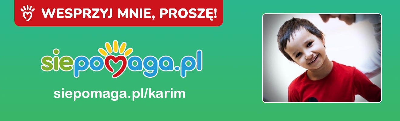 Baner przedstawiający zdjęcie chłopca - Karima logo siepomaga.pl, adres www zbiórki oraz tekst Wesprzyj mnie, proszę.