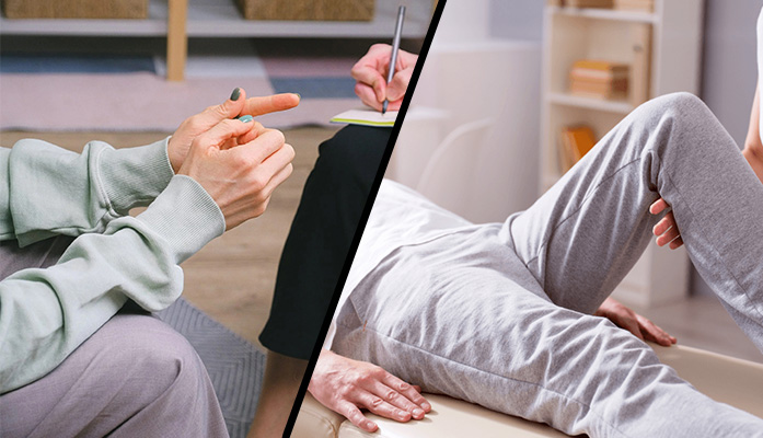 Grafika przedstawiająca dwa zdjęcia - osoby rehabilitowanej i ręce dwóch osób rozmawiających ze sobą