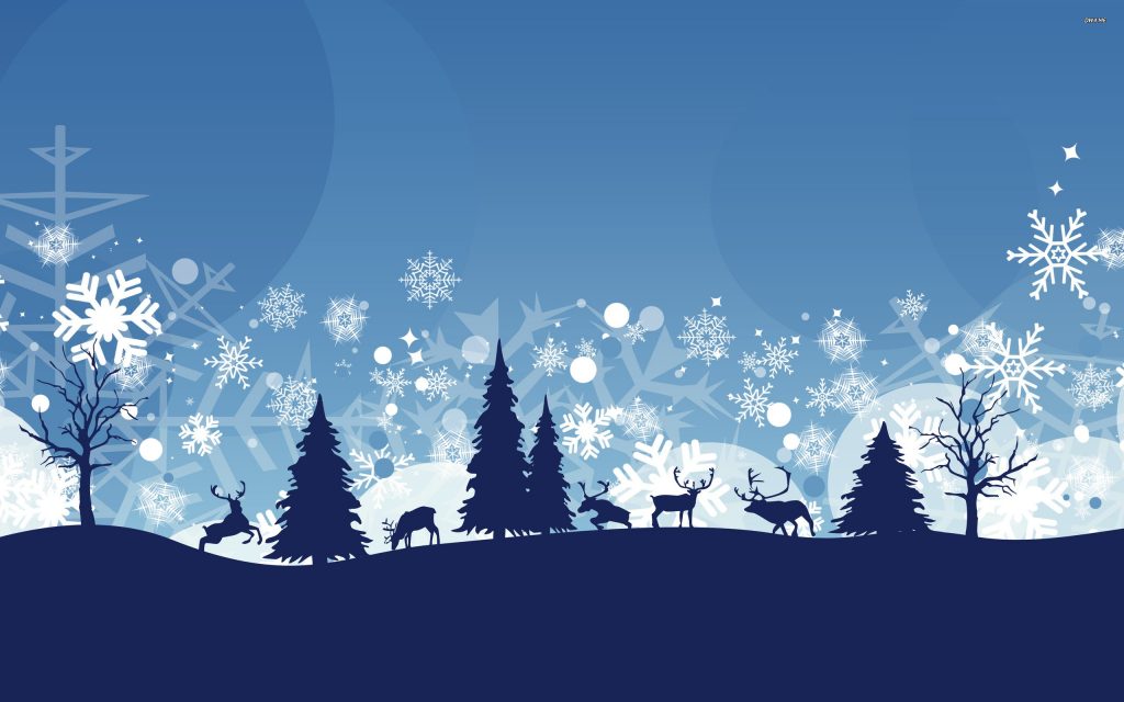 Grafika świąteczna - choinki i renifery na tle zaśnieżonego nieba