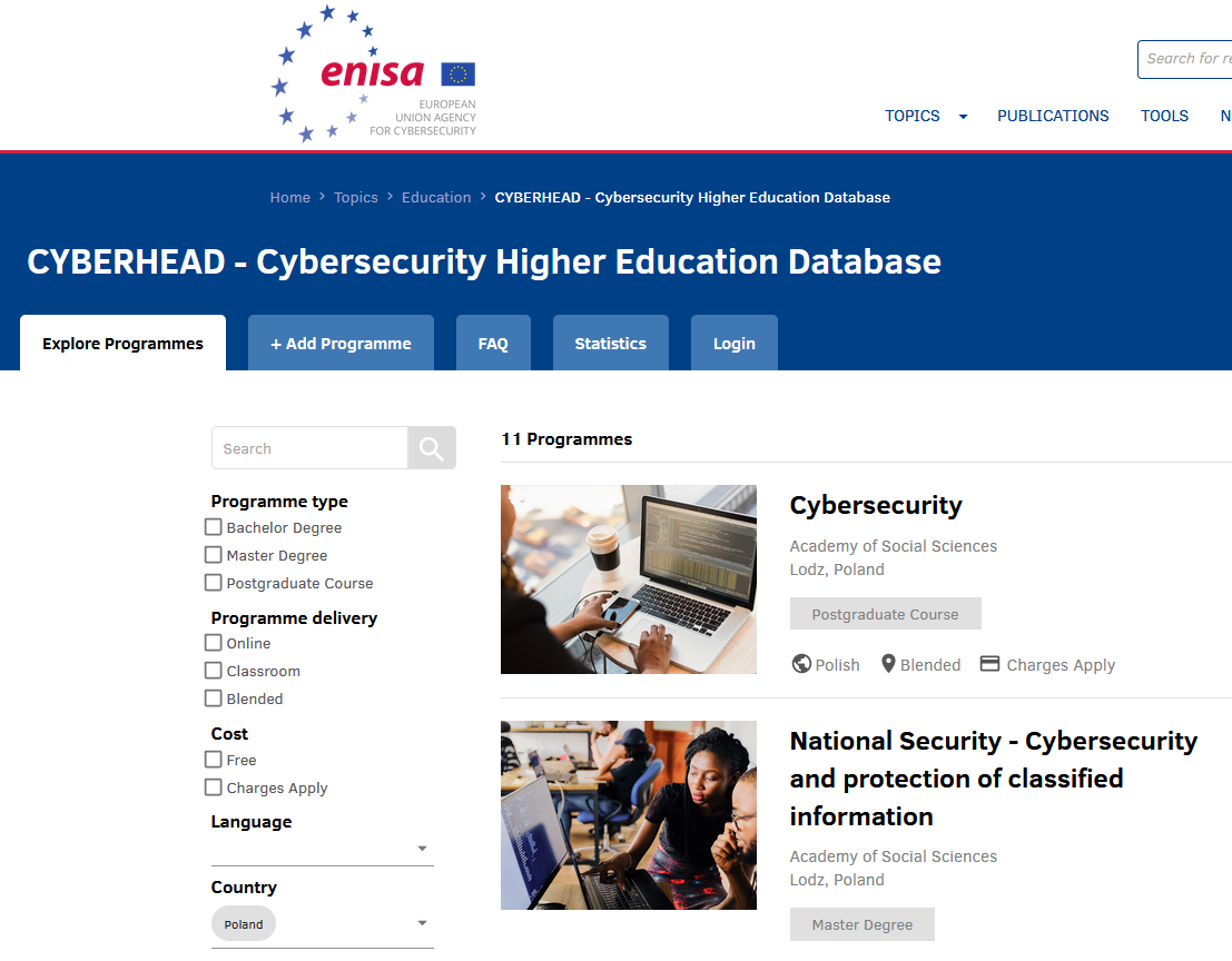 Screen ze strony agencji ENISA z programami studiów UNS