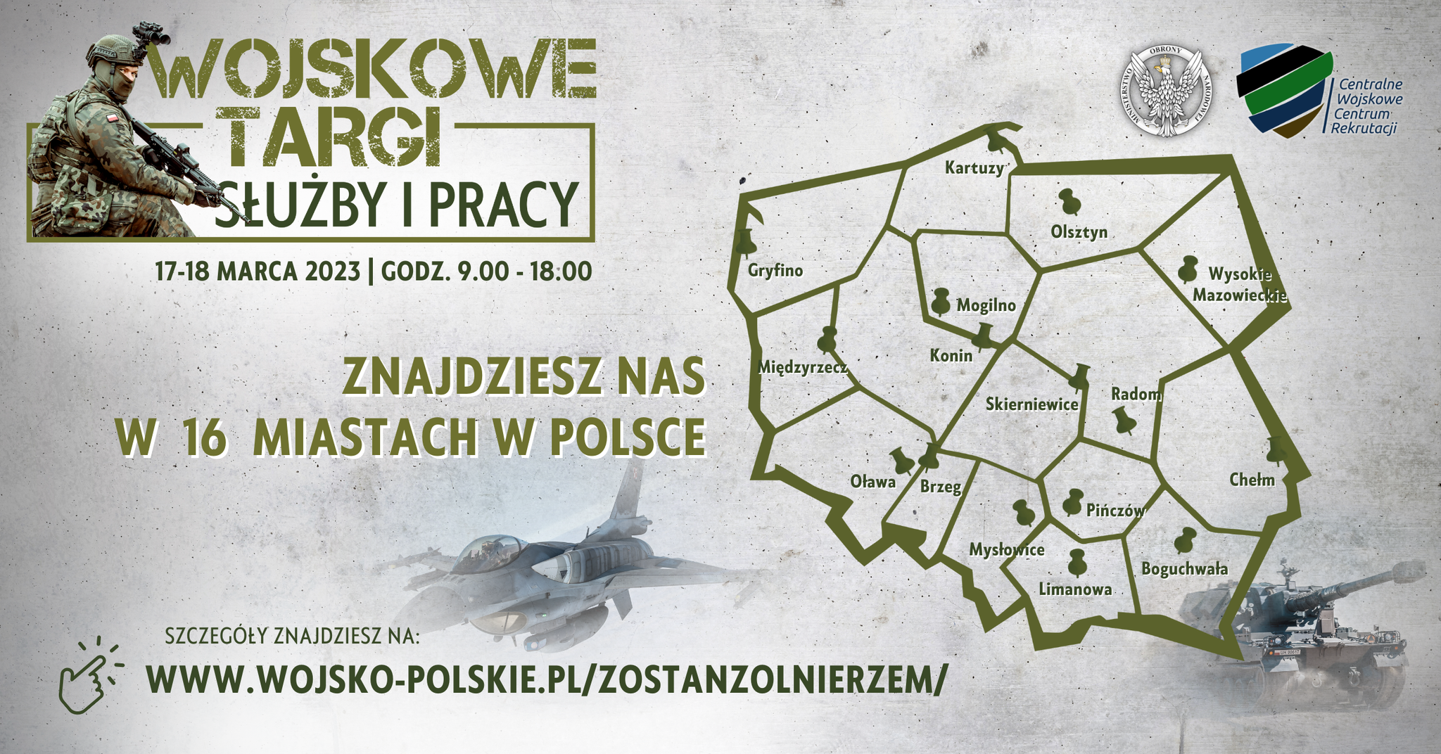 Baner informacyjny Wojskowych Targów Służby i Pracy przedstawiający uproszczoną mape Polski z zaznaczonymi 16 miastami