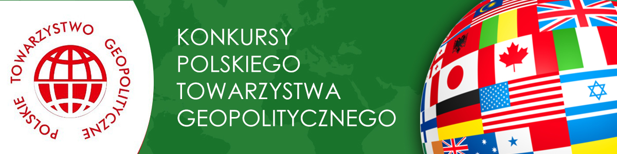 Grafika mapy ziemi w tle i flagami różnych krajów na pierwszym planie wraz z logiem Polskiego Towarzystwa Geopolitycznego