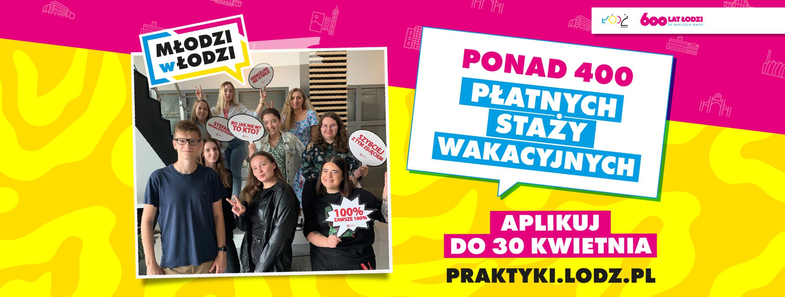 Baner programu Praktykuj w Łodzi przedstawiający zdjęcie grupy młodych osób na żółto-różowym tle