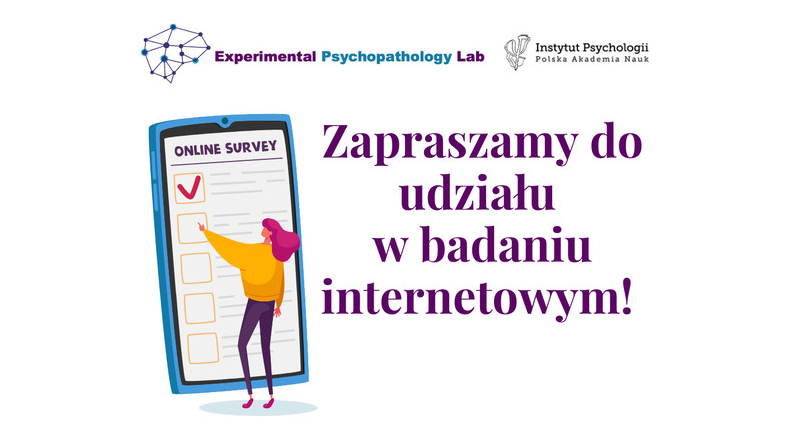 Baner przedstawiający grafikę osoby stojacej przed duzym smartfonem i loga Instytutu Psychologii PAN oraz Pracowni Psychopatologii Eksperymentalnej