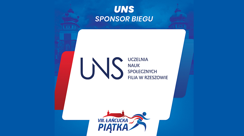 Logo UNS i biegu Łańcucka 5-ka oraz napis UNS sponsorem biegu