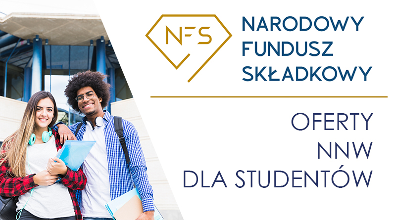 Zdjęcie dwójki młodych ludzi wraz z logiem NFS oraz napisem oferty ubezpieczenia NNW dla studentów