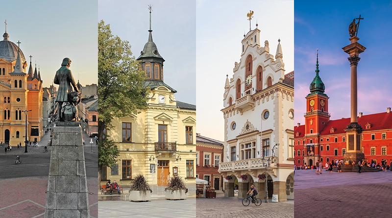 Zdjęcia charakterystycznych budynków czterech miast Polski - Łodzi, Nowego Targu, Rzeszowie, Warszawy