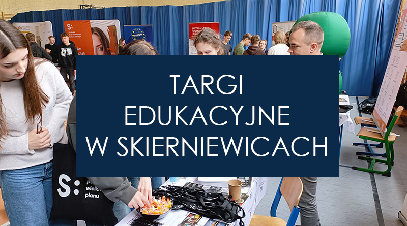 Zdjęcie młodzieży przy stoisku targowym UNS w Skierniewicach przysłaonięte napisem "Targi Edukacyjne w Skierniewicach"