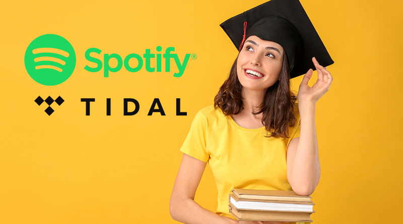 Zdjęcie młodej kobiety w akademickim birecie na żółtym tle i logotypy Spotify oraz Tidal