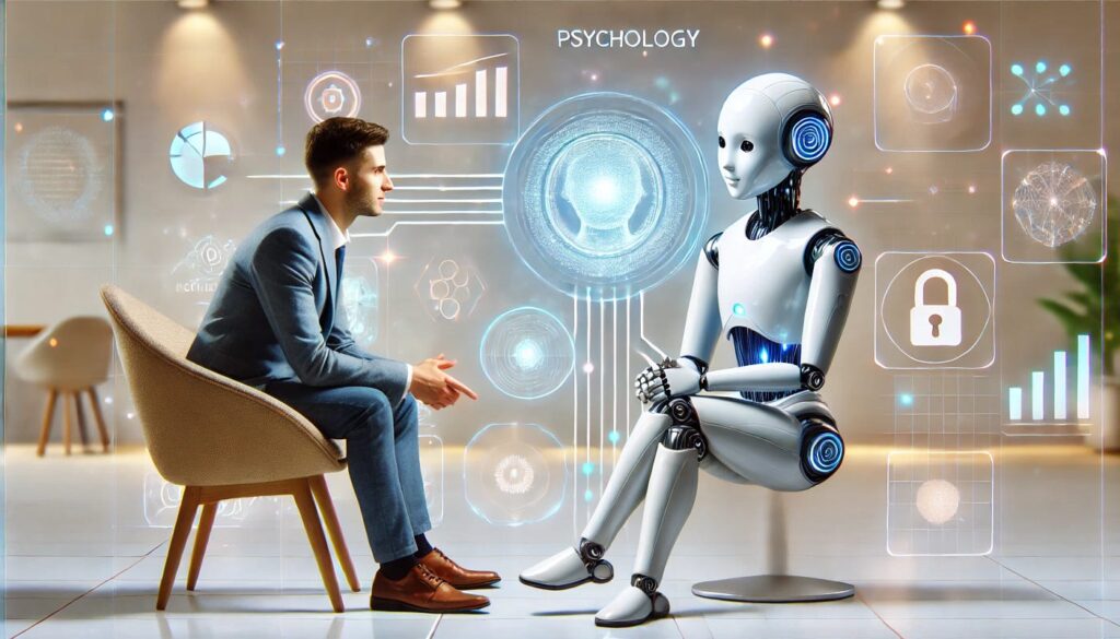 Człowiek i robot siedząc rozmawiają