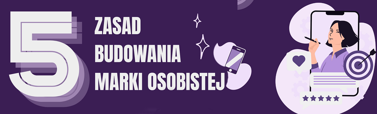 grafika z tytułem artykułu, fioletowym tłem i postacią kobiety na ekranie smartfona i kształtu palety malarskiej