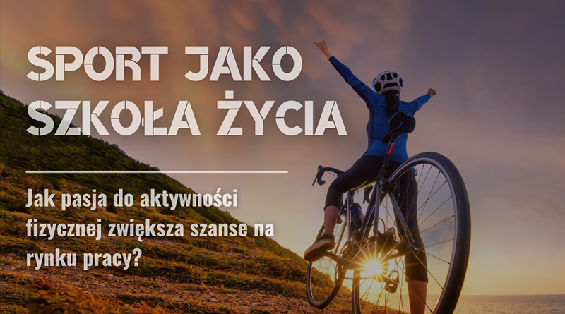 Zdjęcie rowerzysty na tle zachodu słońca w górach i napisy
