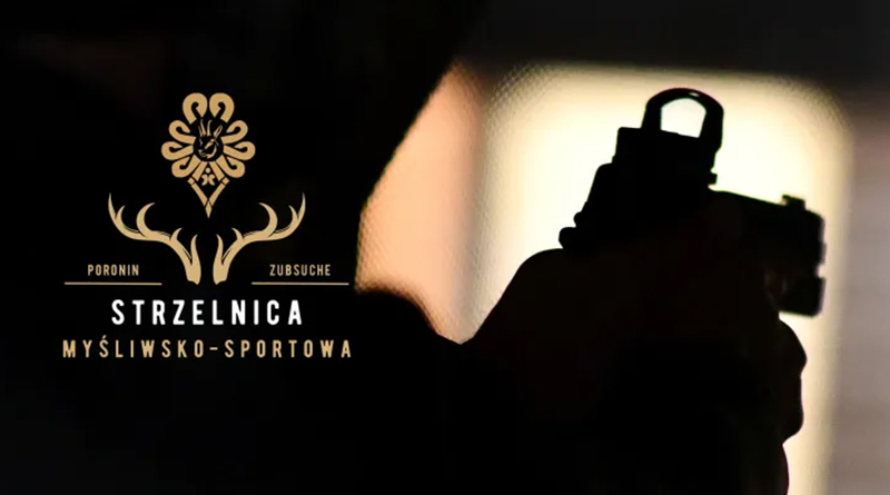 Zdjecie ręki trzymającej broń, logo Strzelnicy.