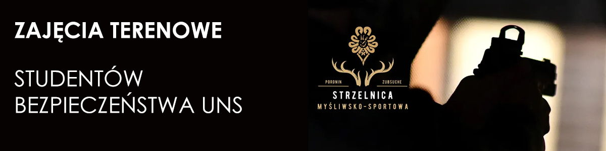 Zdjecie ręki trzymającej broń, logo Strzelnicy, napisy