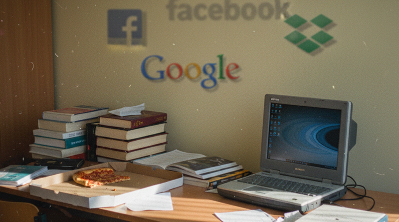 Zdjęcie pokoju z komputerem i logotypami firm internetowych
