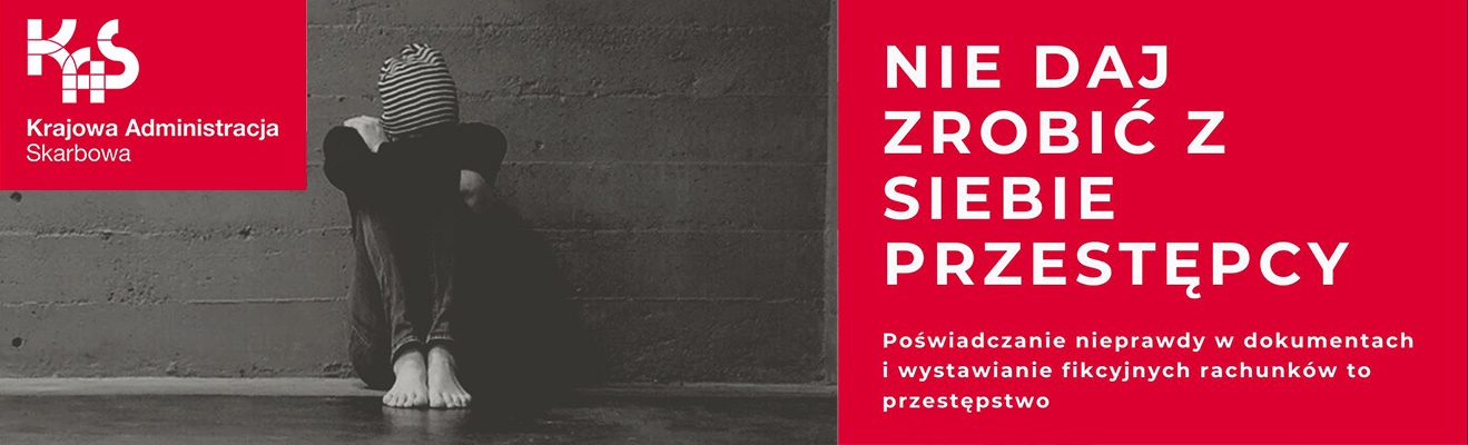 Baner z logiem KAS, czarno-białym zdjęciem młodej osoby skulonej pod ścianą oraz napisami na purpurowym tle