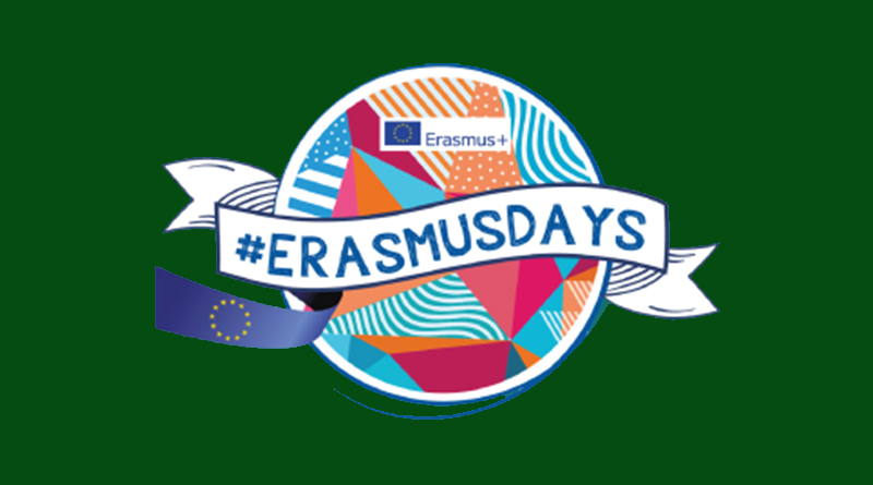 Kolorowa grafika Erasmusdays na zielonym tle