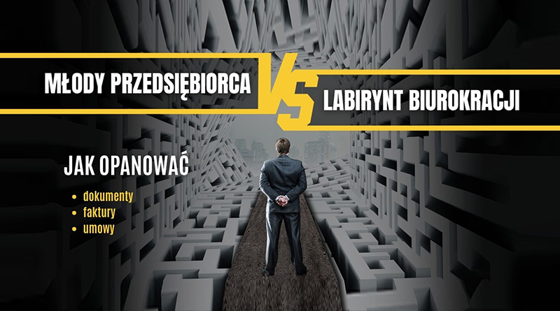 Baner z grafiką przedstawiającą człowieka i labirynt oraz napisy