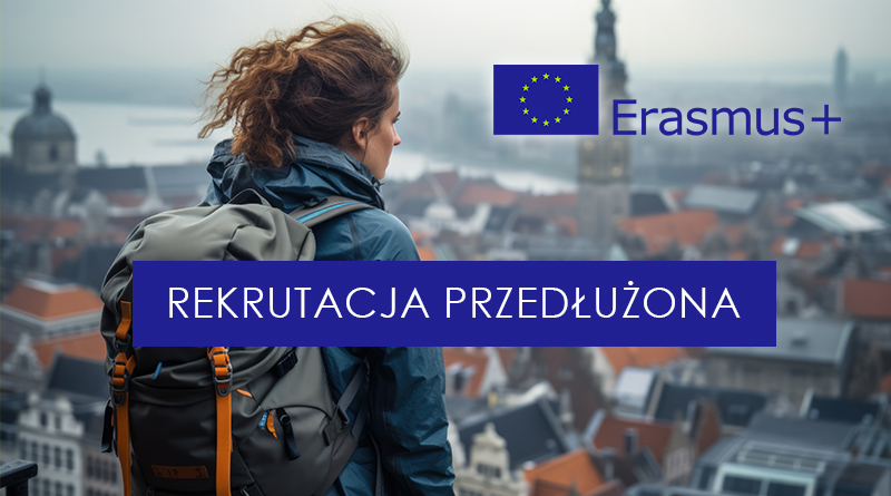 Kobieta z plecakiem patrząca z wysoka na panoramę miasta i logo Erasmus oraz napisy