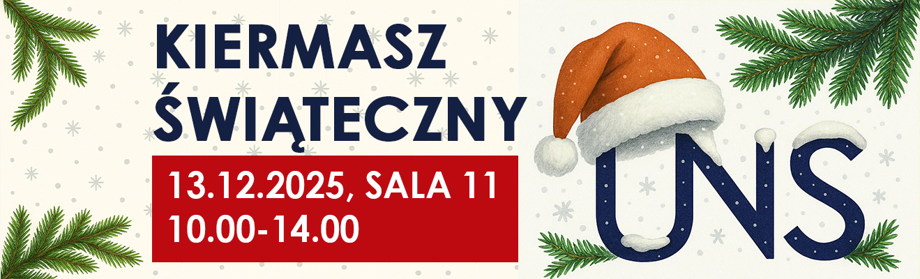 Baner informujący o kiermaszu z grafiką loga UNS w czapce Mikołaja, choinka i śniegiem