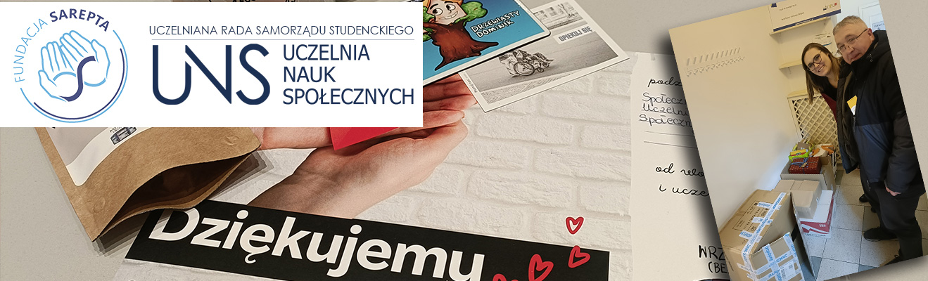 Zdjęcie podziękowań od Fundacji od Fundacji oraz zdjęcie dwóch osób nad paczkami zbiórki