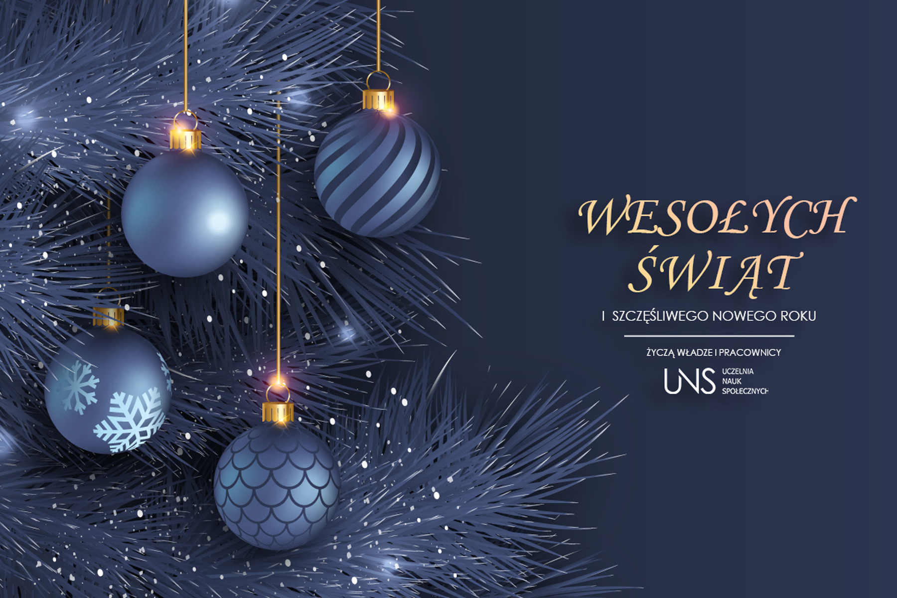 Kartka świąteczna UNS w kolorze granatowym, z choinką, gwiazdkami i bombkami oraz życzeniami i logiem UNS