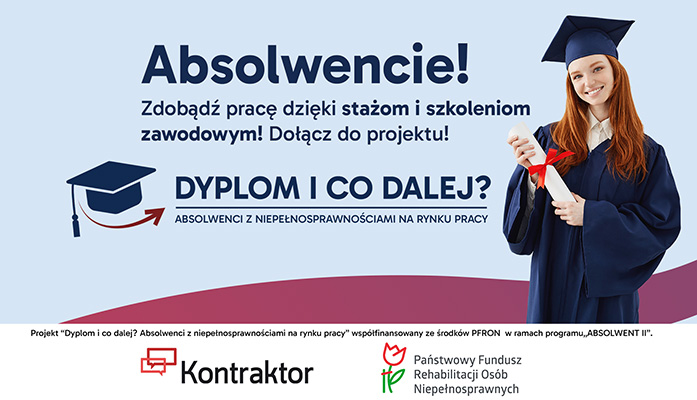 Błękitny baner ze zdjęciem dziewczyny w todze i biretem oraz napisy